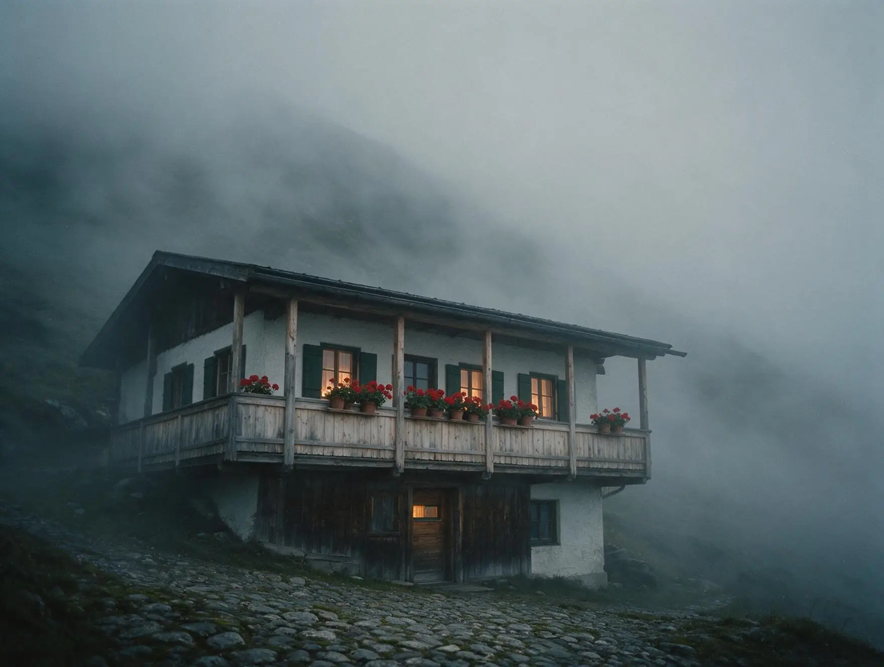 Alpine Pension im Nebel, erleuchtete Fenster